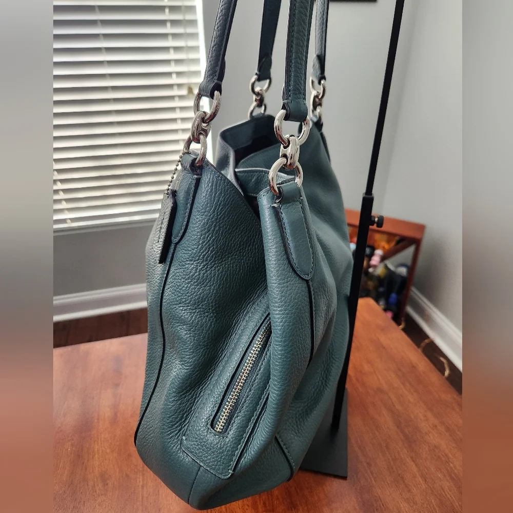 Coach Hallie Pebbled Leather Hobo Shoulder Bag In Teal - Picture 3 of 15
